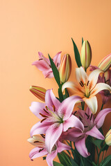 Beautiful close-up of vibrant lily flowers on a colored background, made with generative AI