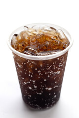Cola with ice in takeaway cup isolated on white background.
