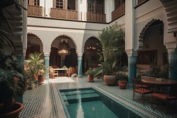 Obraz na płótnie Canvas Illustration of Moroccan riad's patio and pool. Generative AI