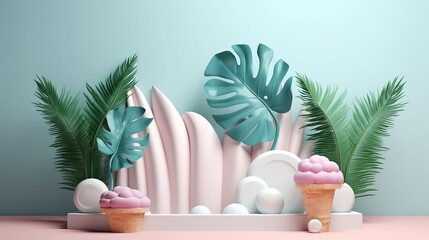 3d scene design with ice stage and palm leaf. Blank background suitable for displaying ice cream or other summer products generative ai