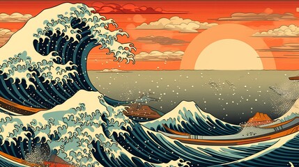 Retro Japan wave tides in Ukiyo-e style generative ai