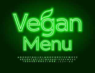 Naklejka premium Vector Glowing poster Vegan Menu. Green Neon Font. Modern Electric Alphabet Letters and Numbers set