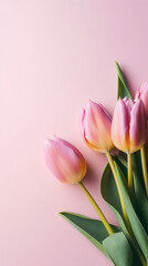 Beautiful close-up of pastel tulips on a colored background, made with generative AI
