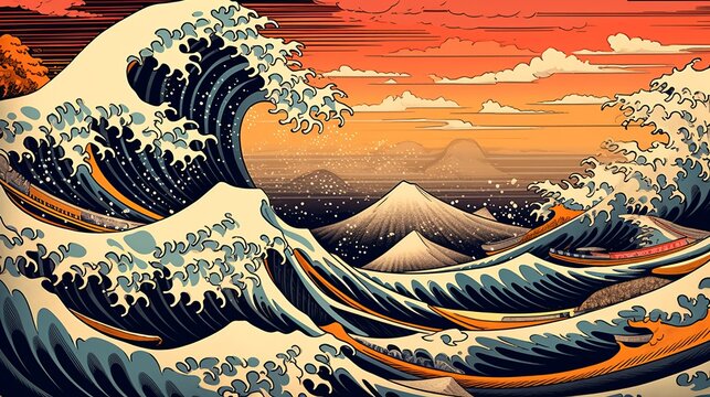 Retro Japan wave tides in Ukiyo-e style generative ai