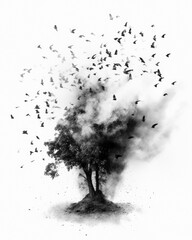 Birds exploding out of a tree in a black and white double exposure style