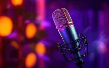 Fototapeta na wymiar Podcast concept, microphone on purple blurry background 