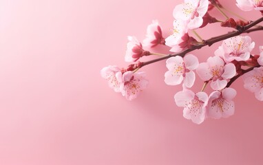 Pink cherry blossoms on light background with copy space