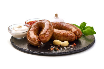 Grilled pork bangers, isolated on white background.