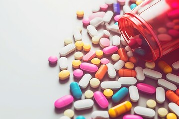 AI generated: Bursting with Health - Colorful Pills Overflowing from Packaging, Symbolizing Medicine and Healthcare Concept. - obrazy, fototapety, plakaty