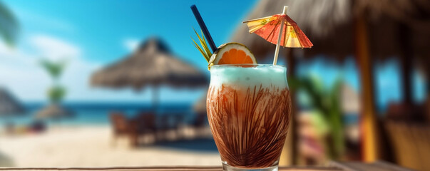 Exotic cocktail with a straw on a sunny beach bar, Generative AI