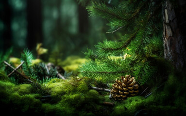 cones and moss in the pine forest, Generative AI
