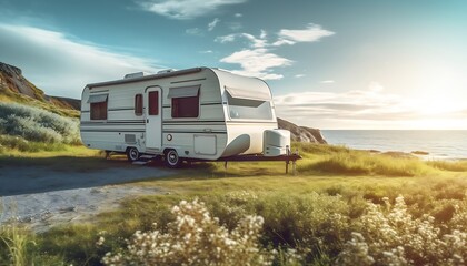 AI generated: Morning Serenity with Coffee and Campervan in Sunlit Nature