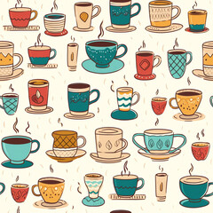 AI generated: Vintage Style Coffee Cup Continuous Pattern on White Background with Rustic Charm