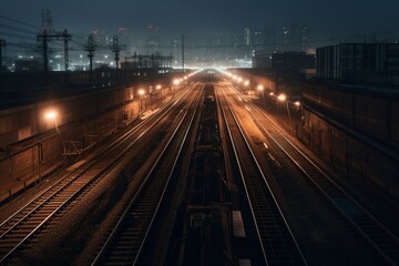Plakat Train tracks in nocturnal settings. Generative AI