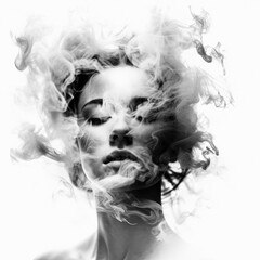 Fototapeta premium Double Exposure style image of a woman surrounded by dark smoke, portrait on a blank background