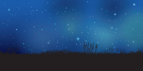 Grass field silhouette with night sky have a lot of stars background vector illustration.  - obrazy, fototapety, plakaty