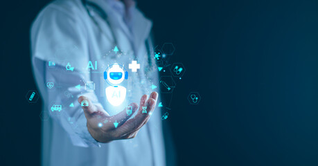 Medical technology, doctor use AI robots for diagnosis, care, and increasing accuracy patient...