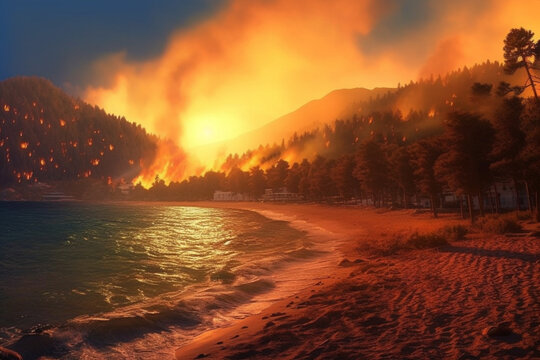 Forest fire, view from the beach. A holiday resort on fire. The problem of drought, global warming and fires. Ai illustration, fantasy digital painting, Generative AI