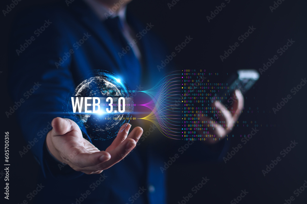 Wall mural web 3.0 concept. businessman hand show web 3.0 with globe. ai technology global network, future tech