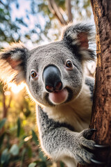 Beautiful close-up of a cute koala hanging on a Eucalyptus tree, made with generative AI