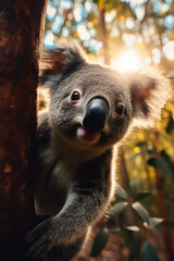 Obraz premium Beautiful close-up of a cute koala hanging on a Eucalyptus tree, made with generative AI