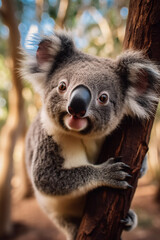 Obraz premium Beautiful close-up of a cute koala hanging on a Eucalyptus tree, made with generative AI
