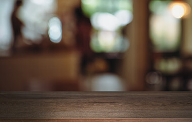 Empty wood table top and blur of out door garden background Empty wooden table space for text marketing promotion. blank wood table copy space for background