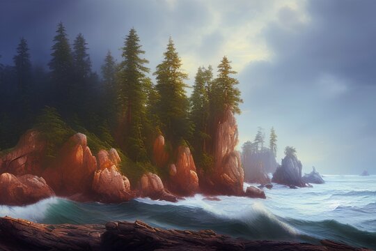 oil painting art , trees on the coast of the pacific ocean. Oil paint - generative ai
