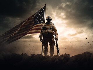 Soldier stands in front of a flag AI Generated - obrazy, fototapety, plakaty