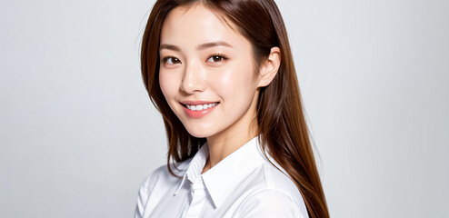 A charming Asian girl with a friendly demeanor dons a white shirt as she looks directly at the camera, her warm smile radiating joy and positivity. generative AI.