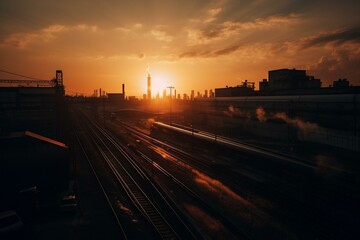 Fototapeta na wymiar Sunset in Industrial Zone. Generative AI