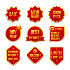 complete collection of label stickers for product promotion sales in red and gold color