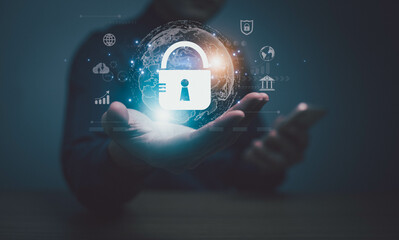 Cybersecurity and privacy concepts to protect data. padlock icon and internet network security technology. Businessman protecting personal data on computer virtual screen, secure internet access