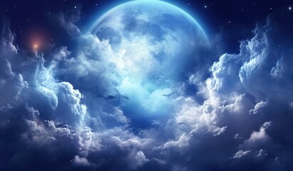 Naklejka na ściany i meble Beautiful realistic flight over cumulus lush clouds in the night moonlight. A large full moon shines brightly on a deep starry night.