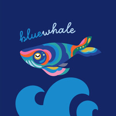 Cute blue whale above the wave, ethnic style logo