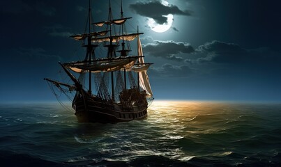 Fototapeta na wymiar beautiful landscape with a ship at night twilight