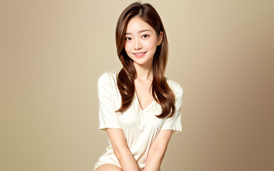 Obraz premium Asian woman wearing a white T-shirt pajama radiates joy as she smiles captivatingly at the camera against a solid background. generative AI