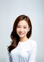 Asian woman wearing a white T-shirt pajama radiates joy as she smiles captivatingly at the camera against a solid background. generative AI