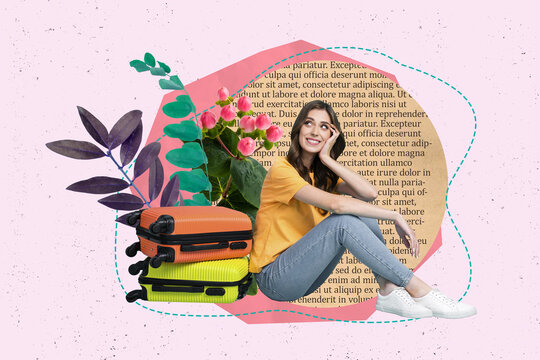 Abstract creative composite collage photo of young dreamy girl sit on valise near flowers dream about vacation isolated painted background