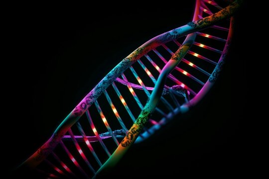 Colorful DNA strand on black. Generative AI