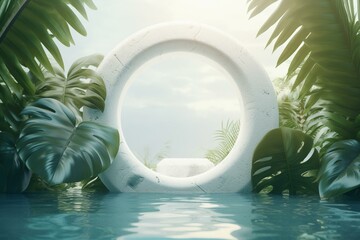 Obraz na płótnie Canvas A product presentation background featuring white stones in water, tropical monstera leaves, and a round window with sky. 3D rendering. Generative AI
