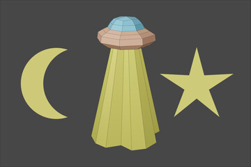 Spaceship. Alien ship. Alien saucer with moon and star. UFO. Vector. Icon