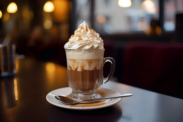 Hot Viennese coffee in glass cup with whipped cream in cafe. Close up. Generative AI. - obrazy, fototapety, plakaty