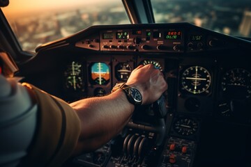 Close shot of hands of airplane pilot maneuvering the controls. Generative AI
