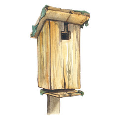old wood birdhouse. Watercolor illustration for postcard. Clipart
