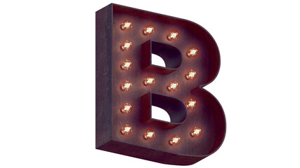 Light bulb glowing letter alphabet character B font. Perspective view illuminated capital symbol on black transparent background. 3d rendering illustration. cassino