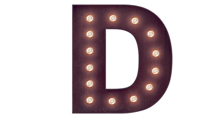 Light bulb glowing letter alphabet character D font. Front view illuminated capital symbol on black...