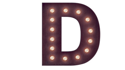Light bulb glowing letter alphabet character D font. Front view illuminated capital symbol on black background. 3d rendering illustration. Casino letters.