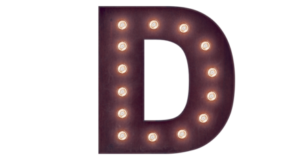 Light bulb glowing letter alphabet character D font. Front view illuminated capital symbol on black background. 3d rendering illustration. Casino letters.
