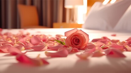 Love in the Air: Intimate Double Bed with Rose Petals Above, generative ai